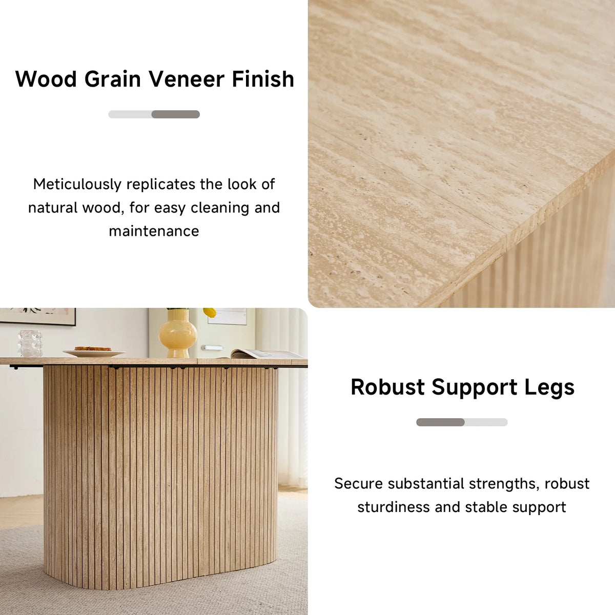 HJhomeheart 63" Rectangle Dining Table for 4 6 Person, Rounded Corners, Wood Strip Pedestal Base, Rustic Farmhouse Modern Breakfast Dinner Kitchen Table