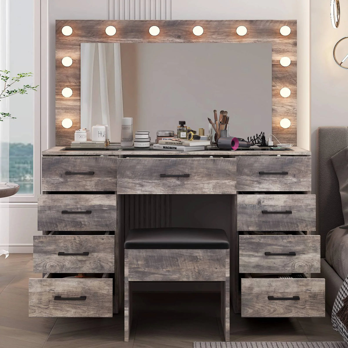 Ktaxon Large Makeup Vanity, Vanity Table Set w/ Visible Glass Top w/ Charging Station, White