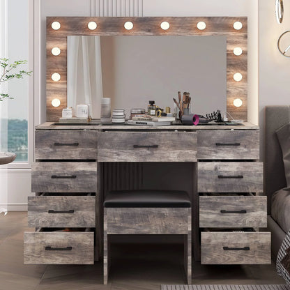 Ktaxon Large Makeup Vanity, Vanity Table Set w/ Visible Glass Top w/ Charging Station, White