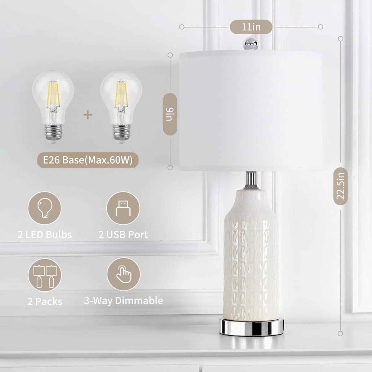 Cinkeda Table Lamp Set of 2 for Living Room Bedroom with USB Ports AC Outlet 3 Way Dimmable Touch Nightlight Farmhouse White Floral Nightstand Bedside Lamps