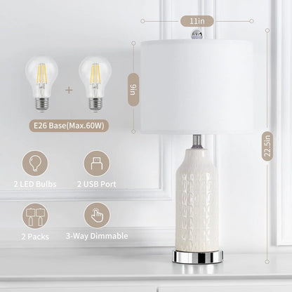 Cinkeda Table Lamp Set of 2 for Living Room Bedroom with USB Ports AC Outlet 3 Way Dimmable Touch Nightlight Farmhouse White Floral Nightstand Bedside Lamps