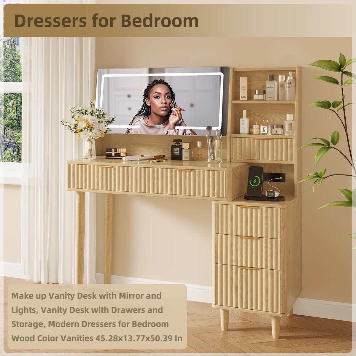 UGTOO 45.2" Modern Vanity Desk with LED Mirror & USB Charging, Wood Makeup Dressing Table with 7 Drawers for Bedroom
