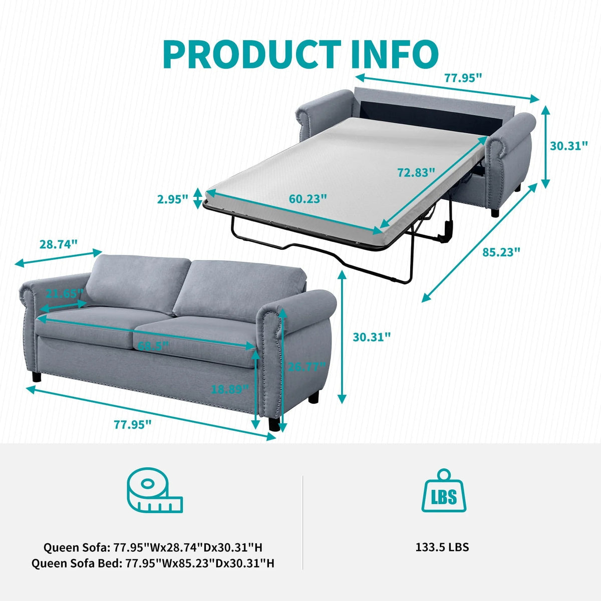 BALUS 2-in-1 Pull Out Sofa Bed, Upholstered 2 Seat Loveseat Sofa, Queen Size Convertible Couch Bed with Mattress Sleeper Sofa Couch for Living Room Apartment Office,Grey
