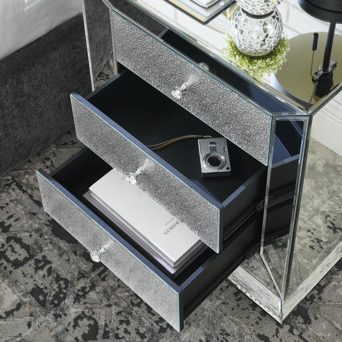 Elegant Mirrored Three-Drawer Cabinet with Diamond-Cut Glass Inlay Drawers, Space-Saving Storage Solution for Living Room, Bedroom, Entryway, Hallway or Sofa Side