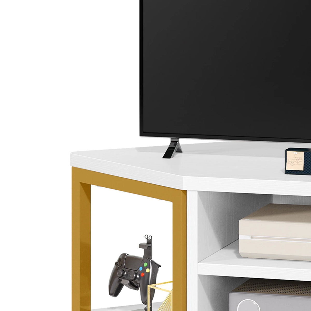 Dextrus Farmhouse Corner TV Stand for TVs up to 55 inch with Power Outlet, Wood Entertainment Center, TV Media Console with Storage, White Oak