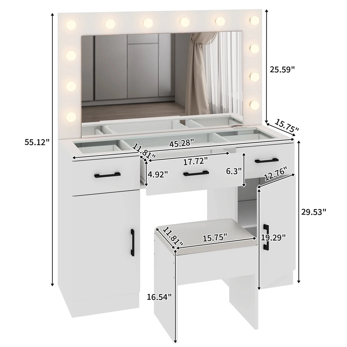Ktaxon Large Makeup Vanity, Vanity Table Set w/ Visible Glass Top w/ Charging Station, White