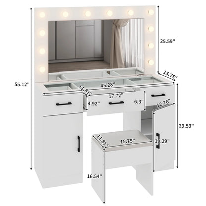 Ktaxon Large Makeup Vanity, Vanity Table Set w/ Visible Glass Top w/ Charging Station, White