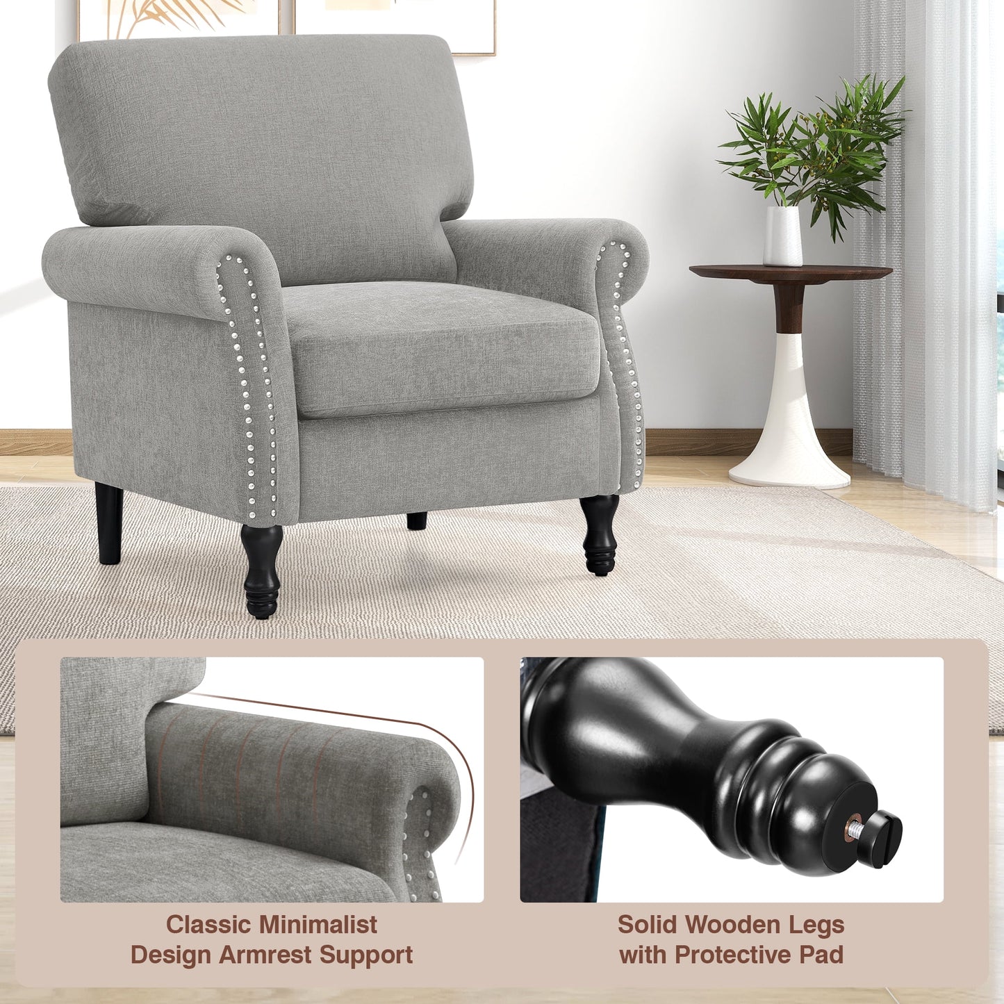COOLHUT Modern Accent Chair Armchair, Linen Fabric Upholstered Comfy Single Sofa with Solid Wood Frame for Living Room, Gray