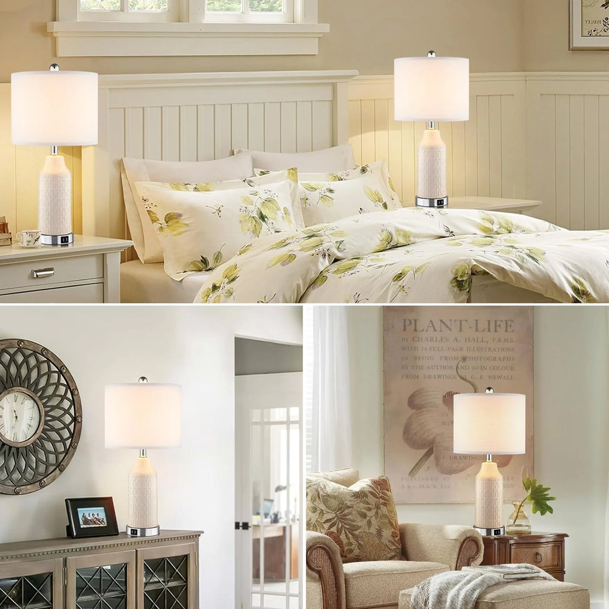 Cinkeda Table Lamp Set of 2 for Living Room Bedroom with USB Ports AC Outlet 3 Way Dimmable Touch Nightlight Farmhouse White Floral Nightstand Bedside Lamps