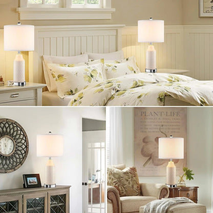 Cinkeda Table Lamp Set of 2 for Living Room Bedroom with USB Ports AC Outlet 3 Way Dimmable Touch Nightlight Farmhouse White Floral Nightstand Bedside Lamps