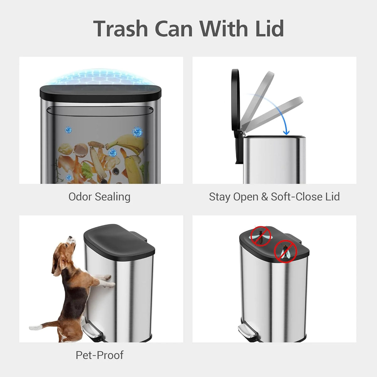 Garvee 13.2 Gal D-Shape Kitchen Trash Can with Lid, Smudge Resistant, Stainless Steel, Silver