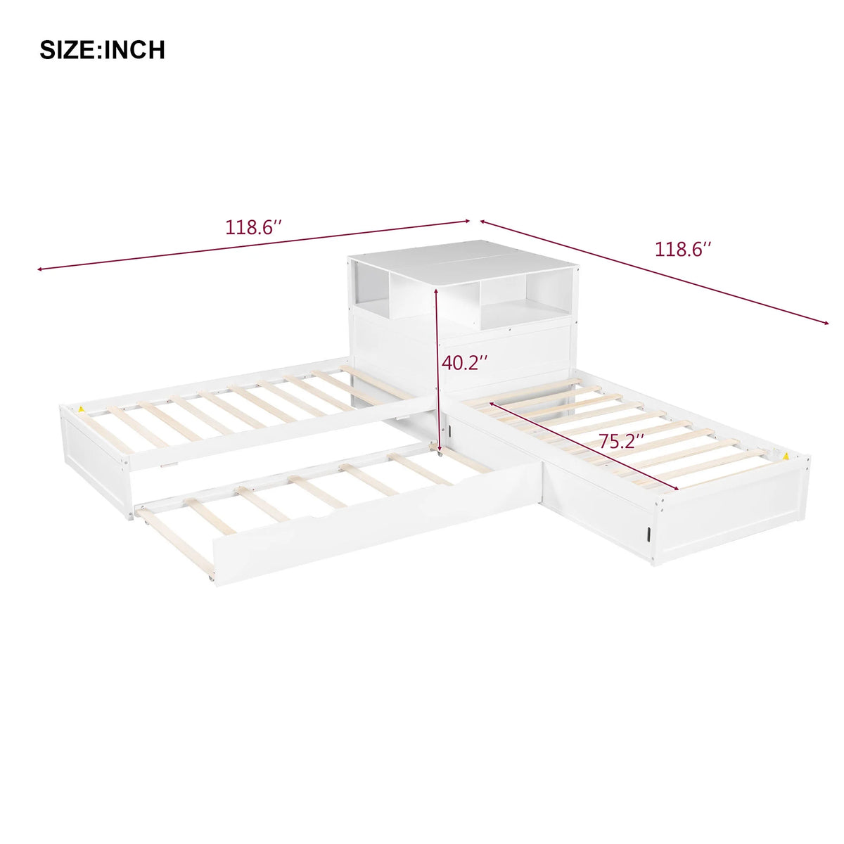 Euroco Pine Wood L-Shaped Twin Platform Bed with Storage Desk, Cabinets, Trundle and LED Light for Kids Teens, Gray