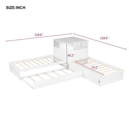 Euroco Pine Wood L-Shaped Twin Platform Bed with Storage Desk, Cabinets, Trundle and LED Light for Kids Teens, Gray