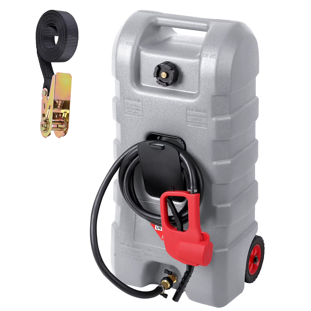 15 Gallon Fuel Caddy, Portable Gas Fuel Tank Container with LE Fluid Transfer Siphon Pump and 10ft. Delivery Hose, Diesel Storage Can On-Wheels for Cars, Lawn Mowers, ATVs, Boats, Gray