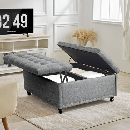 Redlife 35 Inch Large Square Storage Ottoman Bench, Storage Ottoman Coffee Table Large Square Ottoman with Storage Lift Top Tufted Storage Ottoman for Living Room (Brown Leathaire)