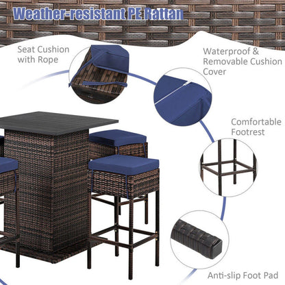 Kadyn Patio Conversation Table Chair Set, Outdoor Collection Set, 5 Pieces Patio Rattan Bar Table Stool Set Hidden Storage Shelf Cushioned-Navy