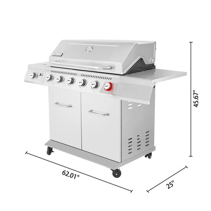 Gourmet GA6402S Stainless Steel Gas Grill, Premier 6-Burner BBQ Grill with Sear Burner and Side Burner, 74,000 BTU, Cabinet Style, Outdoor Party Grill, Silver