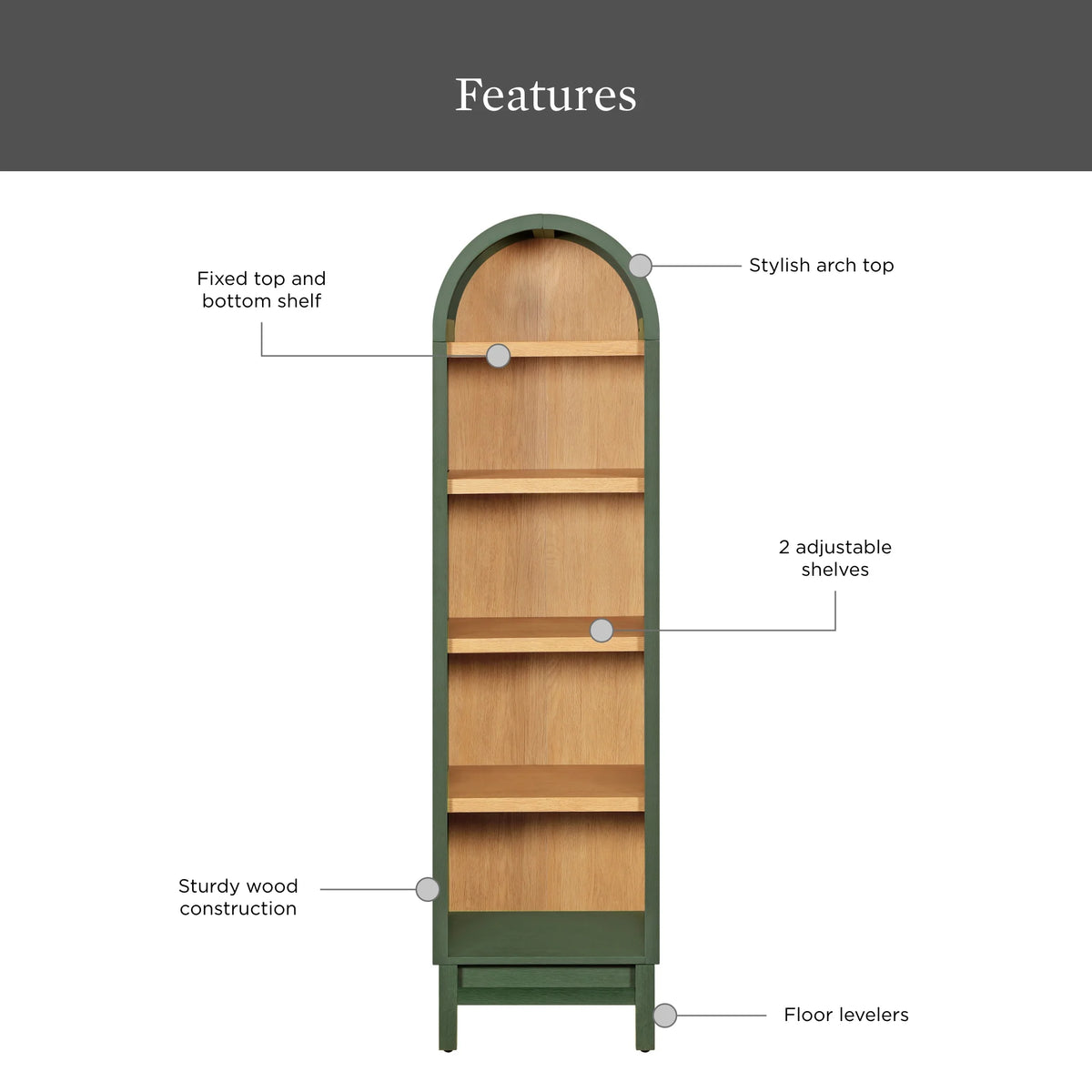 Better Homes & Gardens Juliet Narrow Arch Bookcase, Rich Black and Light Honey