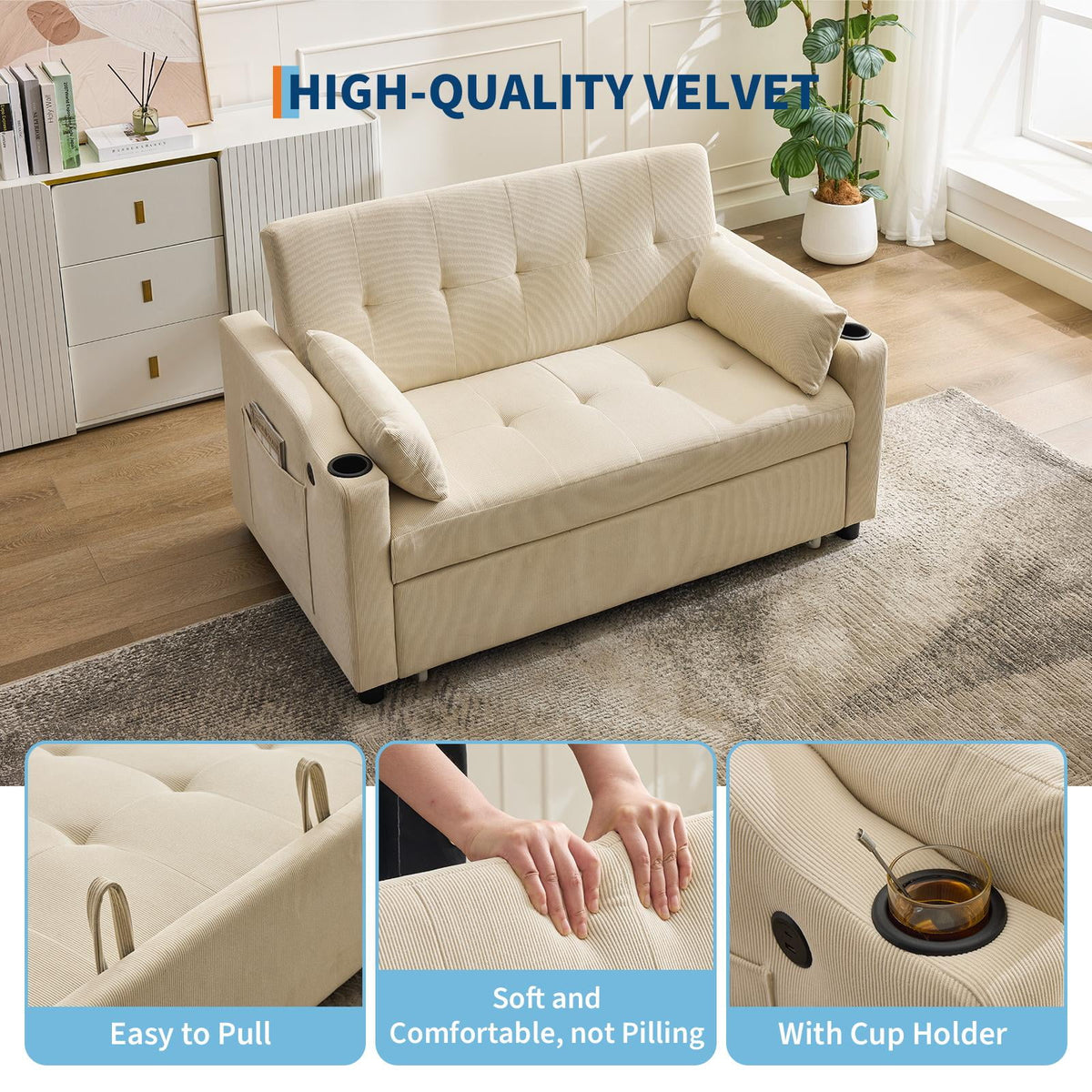 Beige 3-in-1 Convertible Sleeper Sofa Bed with Pull-Out Bed Corduroy Futon with Adjustable Backrest