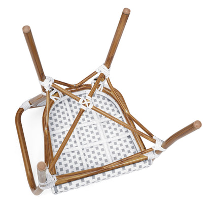 Merrick Lane Stacking Thonet French Bistro Style Chair with Arms, Black & White PE Rattan Seat, and Bamboo Finished Metal Frame for Indoor/Outdoor Use