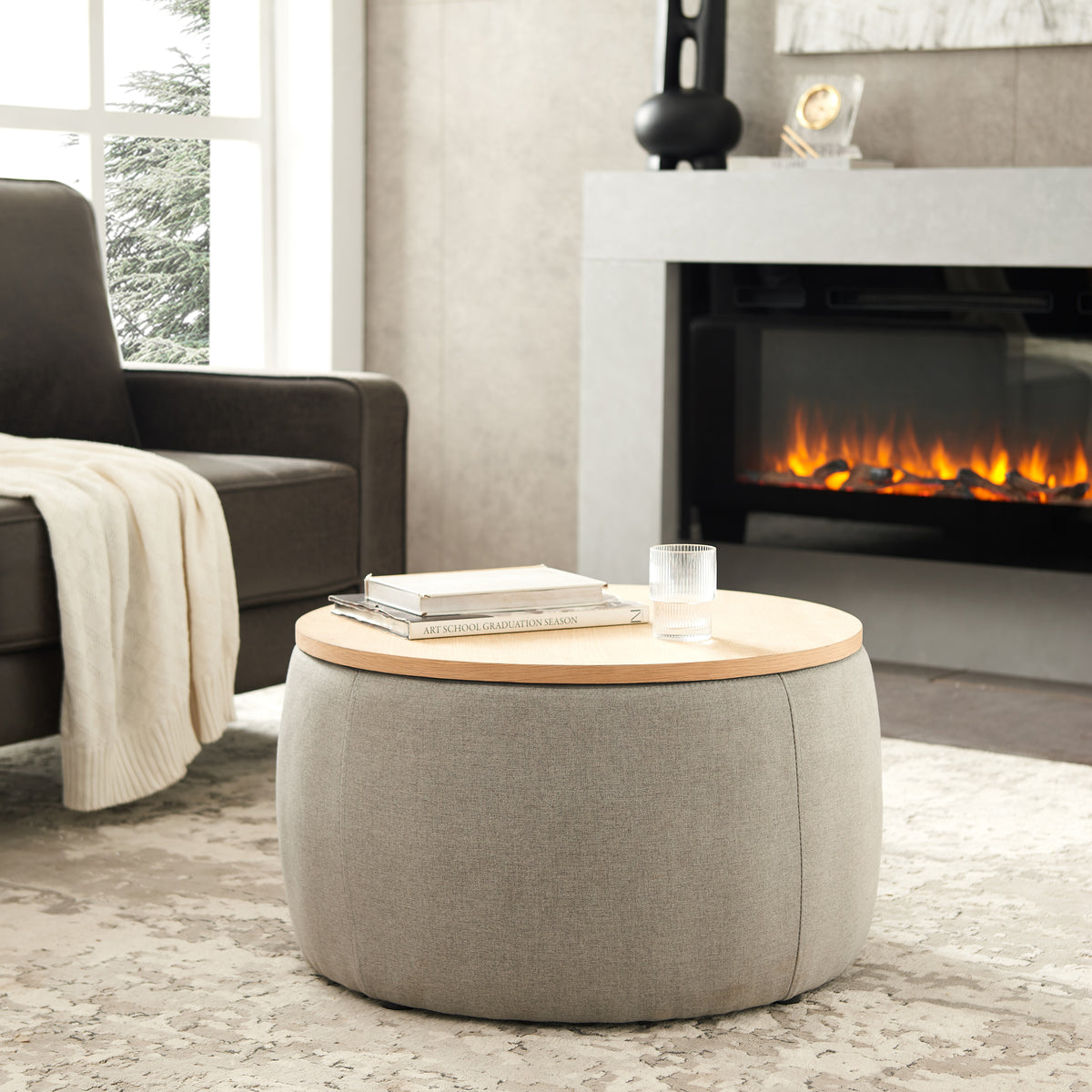 BTMWAYRound Coffee Table, 2 in 1 Round Storage Ottoman with Reversible Lid Tray, Upholstered Round Storage Ottoman Coffee Table with Storage, Footstool End Table for Living Room, Bedroom, Light Gray