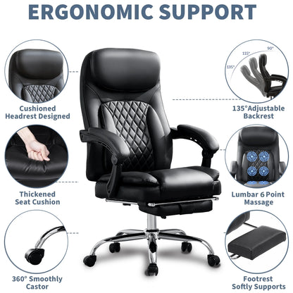 JONPONY Big and Tall Office Chair 500LBS Executive Office Chair Massage and Footrest Ergonomic Computer Desk Chair Reclining High Back Leather Office Chair Lumbar Back Support Swivel Rolling,Black