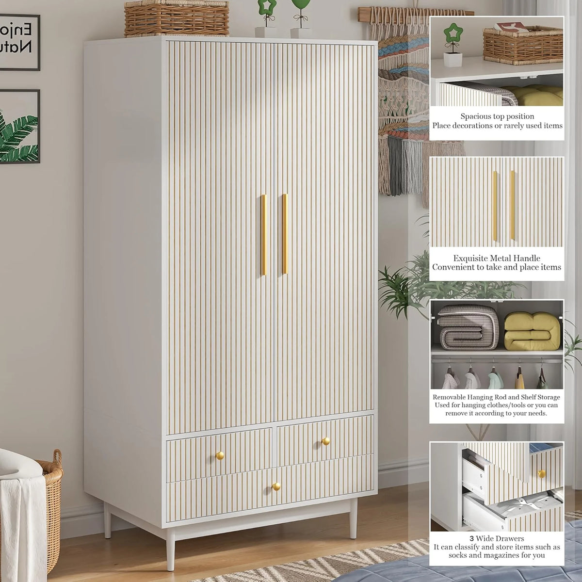 Oubayajia Wardrobe Armoire Closet, 2 Fluted Doors Wardrobe Cabinet with 3-Drawer and Hanging Rod, Wood Wardrobe Storage for Bedroom