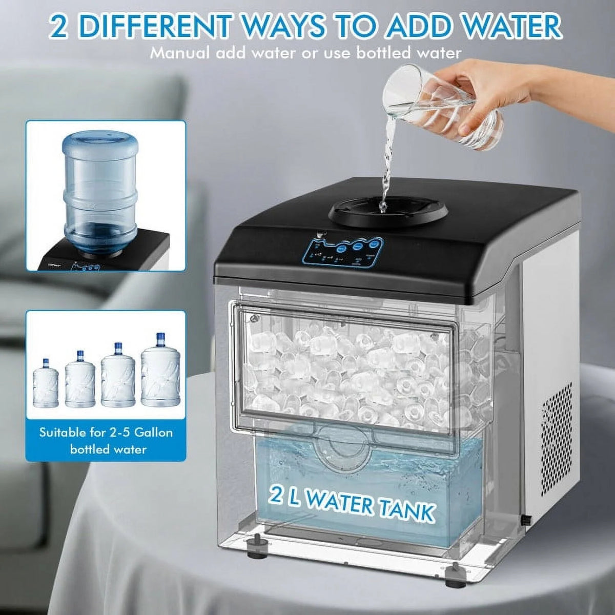 Resenkos 2-in-1 Stainless Steel Countertop Ice Maker with Water Dispenser,Countertop Ice Maker Machine with Handle, Portable Ice Maker with Scoop for Home/Kitchen/Camping/RV