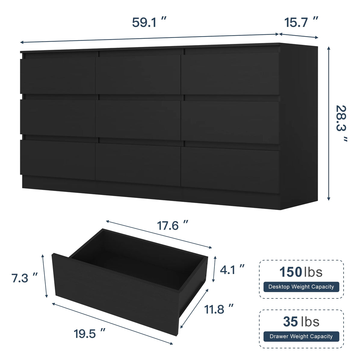Resenkos Modern Mid Century 6 Drawer Wide Dressers Chests for Bedroom, Chest of Drawer Organizer Grey