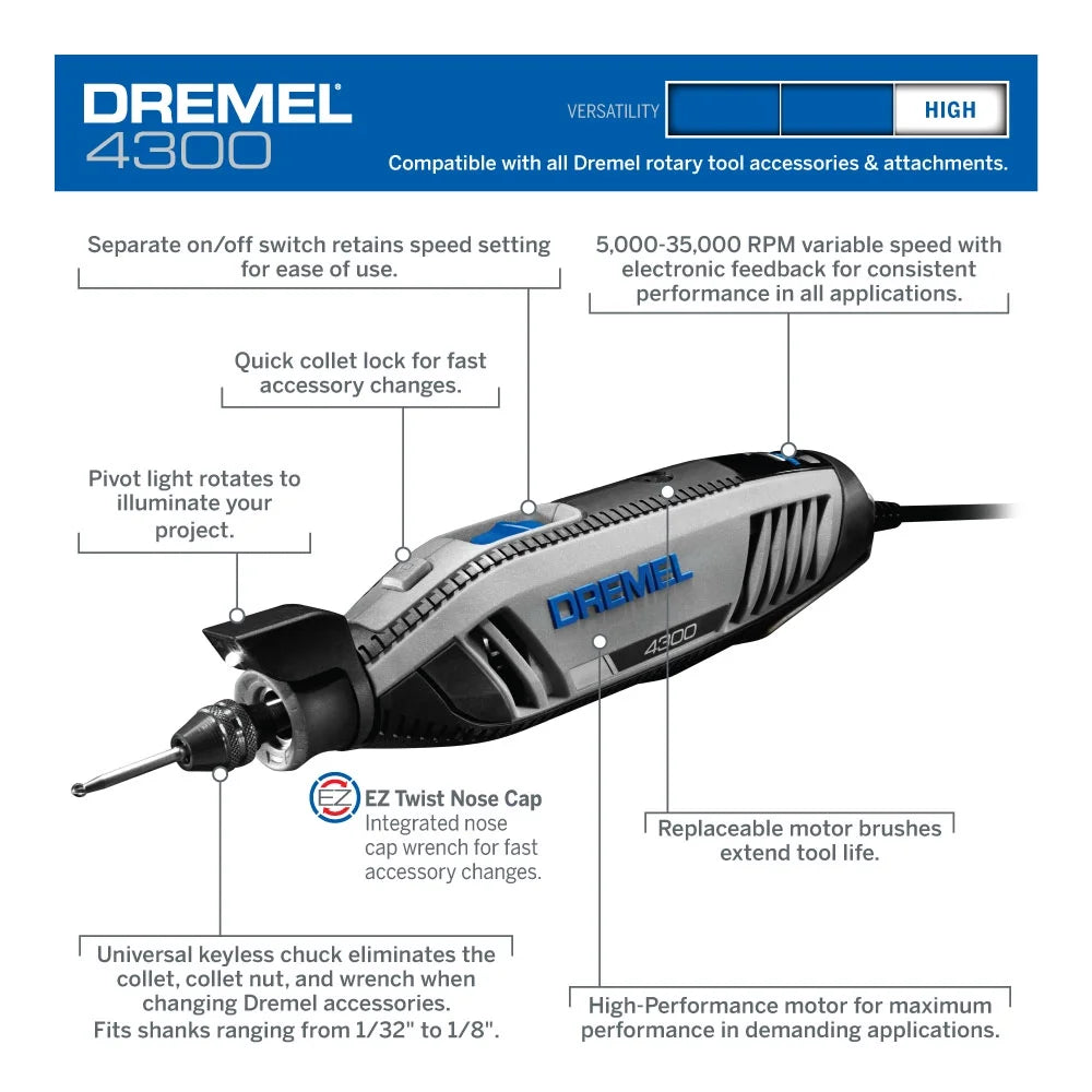 Dremel 4300-9/64 Platinum Edition Corded Rotary Tool, Variable Speed with 9 Dremel Tool Attachments, 64 Accessories, Storage Organizers & Dremel Tool Case, 1.8A/120V