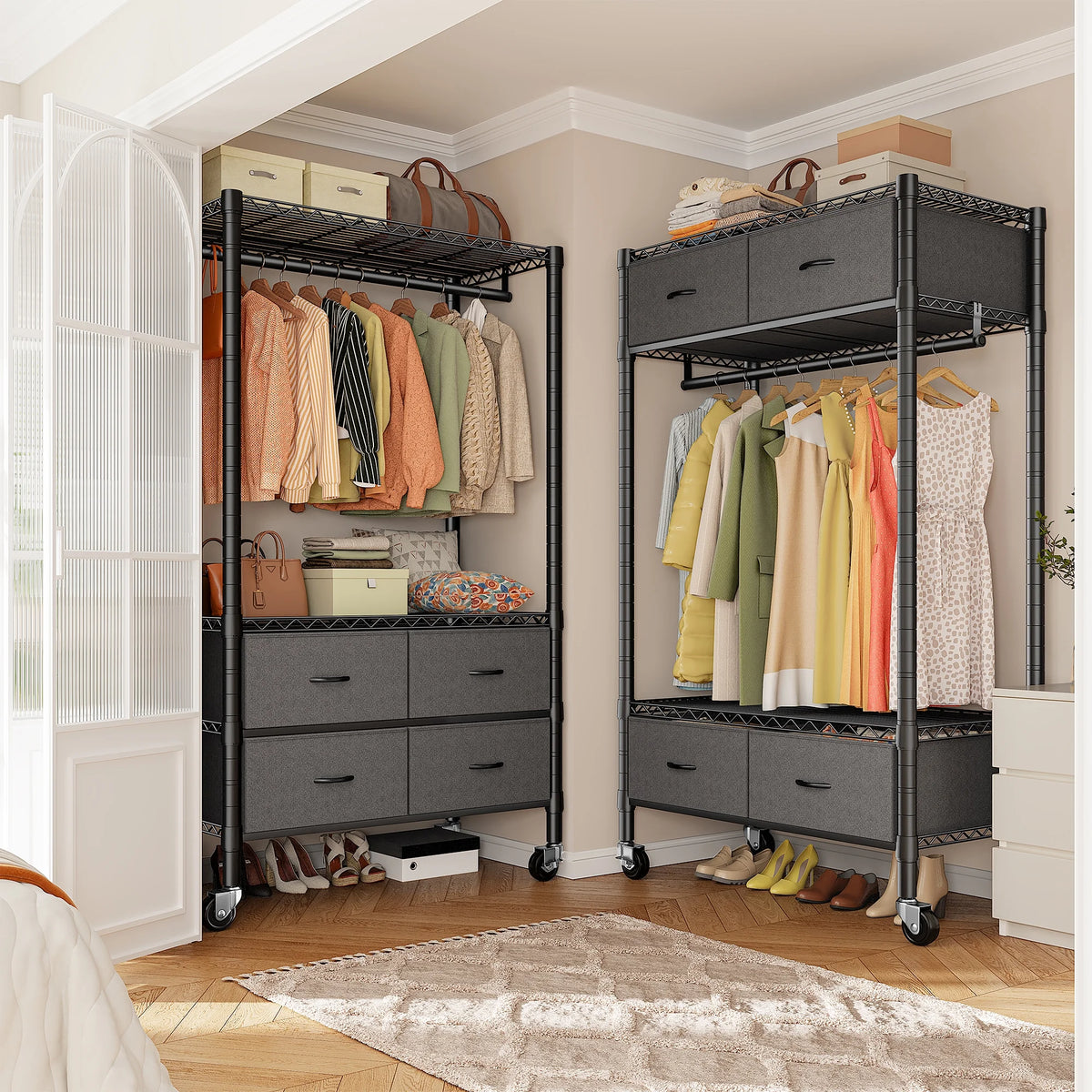 71" H Clothes Rack with Fabric Drawers, Freestanding Garment Rack with Metal Wire Shelf, Pink