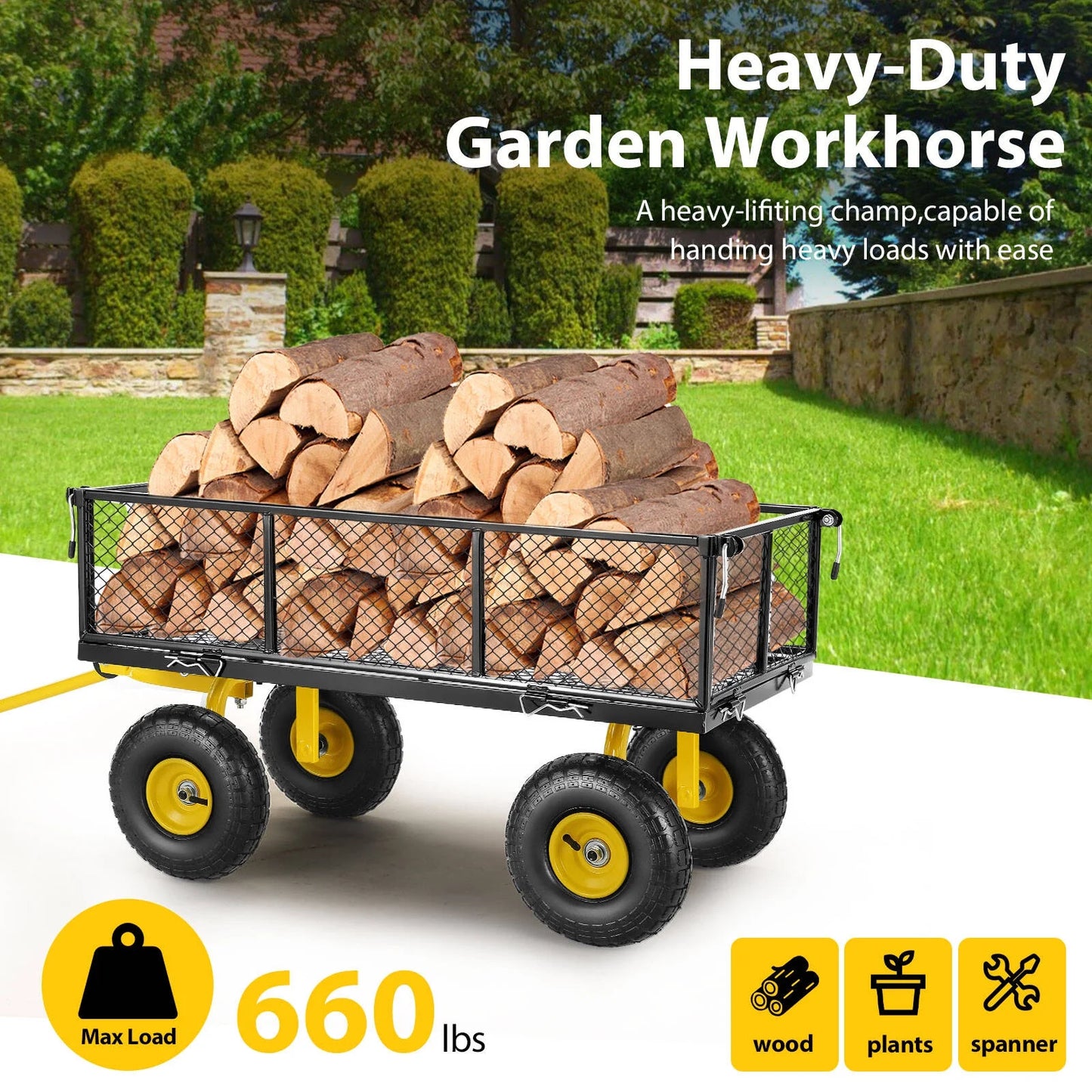 Farmdex Steel Mesh Garden Cart with 10" Tires Wagon Cart Newest Garden Utility Carts Heavy Duty 660LBS Capacity Folding Utility Wagon with Removable Sides, Garden Wagon for Yard