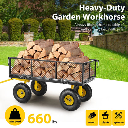 Farmdex Steel Mesh Garden Cart with 10" Tires Wagon Cart Newest Garden Utility Carts Heavy Duty 660LBS Capacity Folding Utility Wagon with Removable Sides, Garden Wagon for Yard
