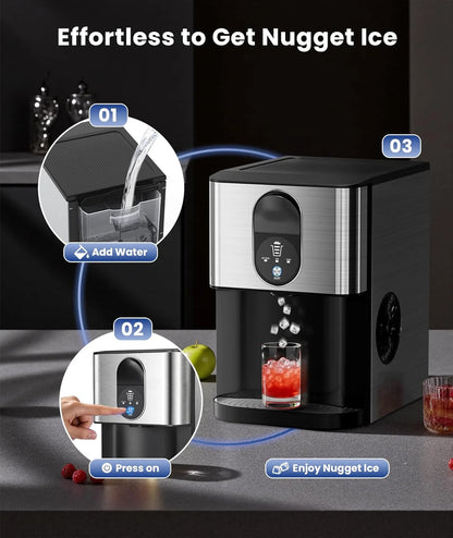 Moifoi Nugget Ice Maker,Culb in 6Mins, 44 lbs/24 H, Auto-Cleaning Portable Ice Machine with Basket & Scoop, Black