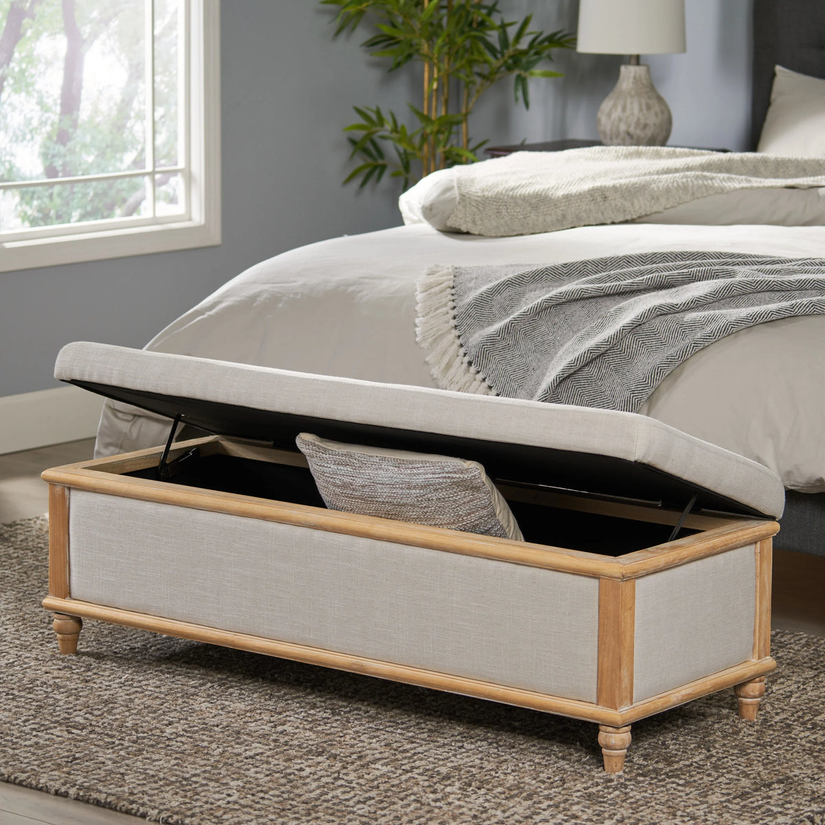 Noble House Hampton Contemporary Fabric Upholstered Storage Ottoman, White and Blue Floral