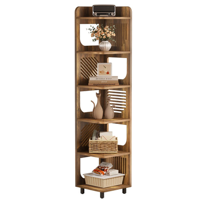 Fnova 71" 6-Tier Tall Corner Bookshelf, Rustic Wooden Narrow Corner Bookcase with Artistic Square Rack, Freestanding Display Storage Shelf for Space-Saving Home Organizing