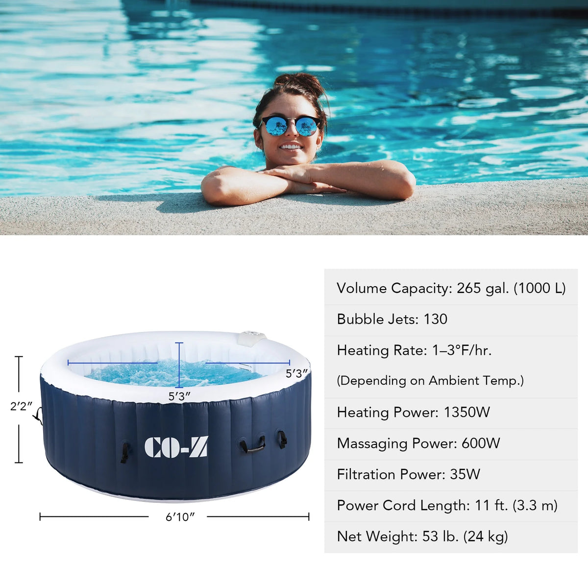 CO-Z 5x5ft PVC Square Inflatable Spa Tub & 120 Massaging Jets for Patio & More for 4-person Blue