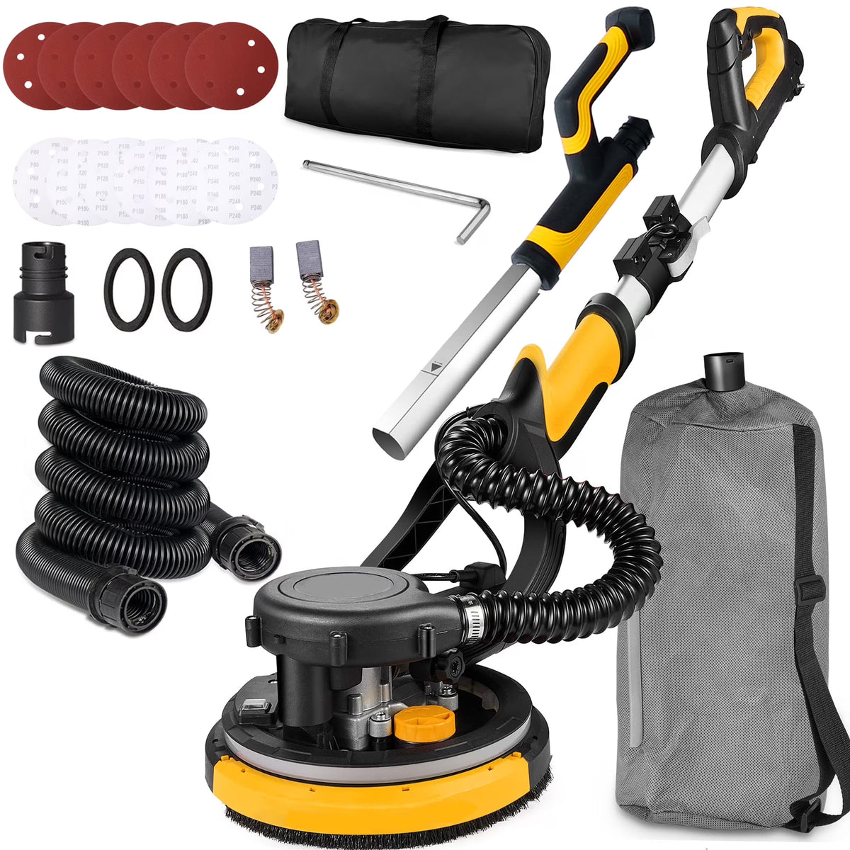 POVANLI 780W Electric Drywall Sander with Vacuum Dust Collection, 6.5A Motor Dustless Floor Sander with Variable Speed 900-1800RPM, LED Light, Extendable & Foldable Handle Yellow+Black