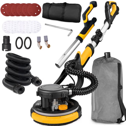 POVANLI 780W Electric Drywall Sander with Vacuum Dust Collection, 6.5A Motor Dustless Floor Sander with Variable Speed 900-1800RPM, LED Light, Extendable & Foldable Handle Yellow+Black