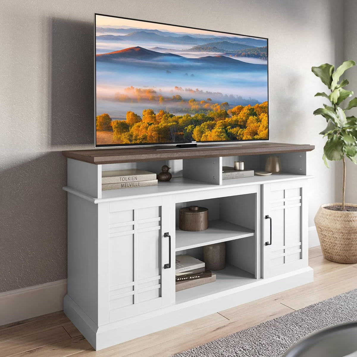Modern 48" Farmhouse Wood TV Stand & Media Entertainment Center Console Table for TVs up to 50 Inch with Open Storage Shelves & Cabinets - Norrell (Espresso)