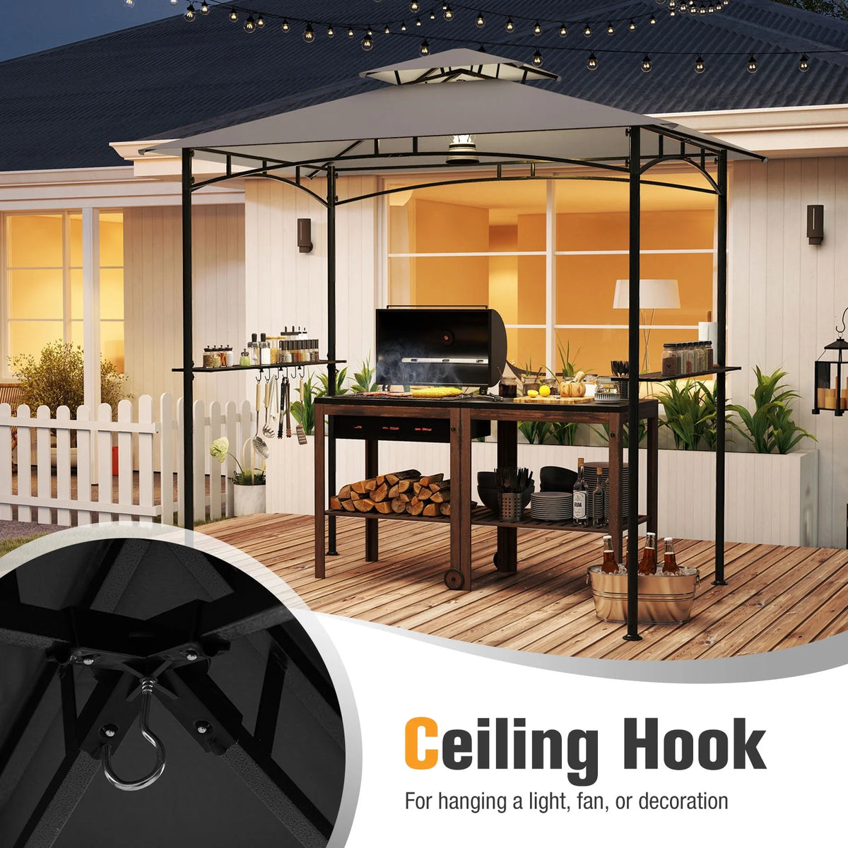 Gymax 8' x 5' Grill Gazebo Outdoor Double-Tiered Grill Canopy w/ 2 Shelves & 6 Hooks