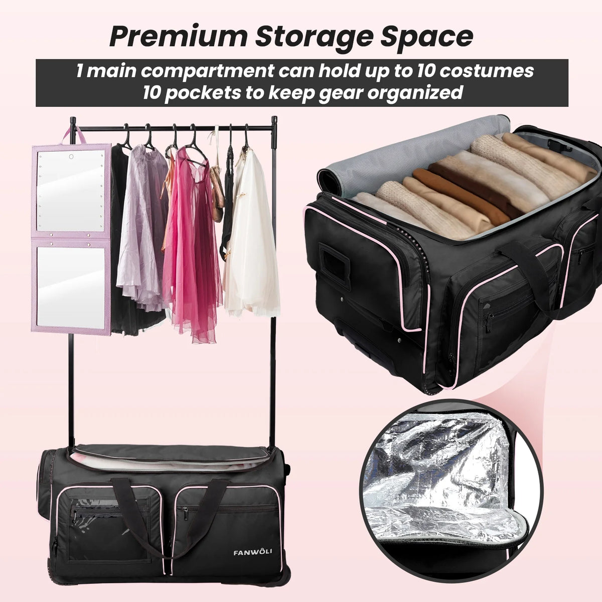 Fegat Dance Bag with Garment Rack - 28"Collapsible Rolling Competition Dance Duffle Bag Lightweight Costume Wheeled Suitcase for Dancers Shows Livestreamer Athletes