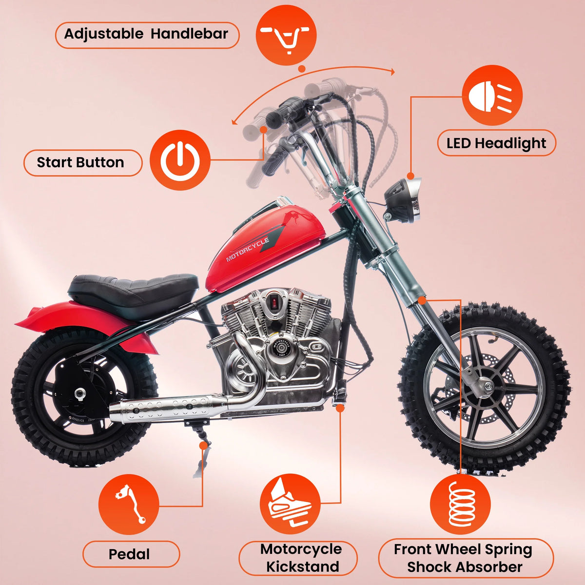 36V Power Ride on Motorcycle for Teen, Kids Electric Motorcycle with Front Wheel suspension, LED Light, Top Speed 13.6 Mph, Electric Dirt Bike for Boys Girls, Oranger