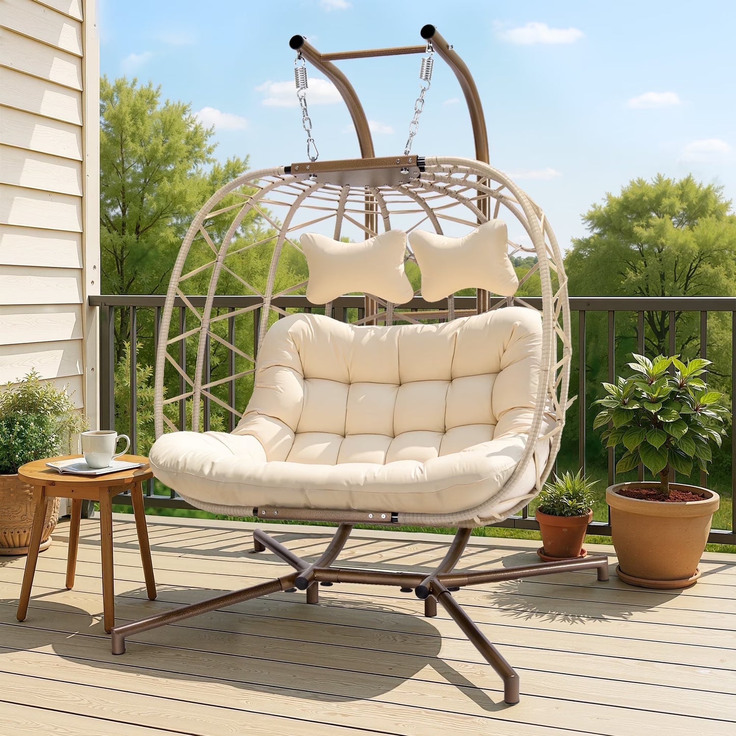 RADIATA Double Wicker Egg Swing Chair with Stand, 2-Person Hanging Egg Chair for Indoor/Outdoor, 700lbs Capacity, Thick Cushions & Headrest,Sturdy Metal Frame��Dark Gray