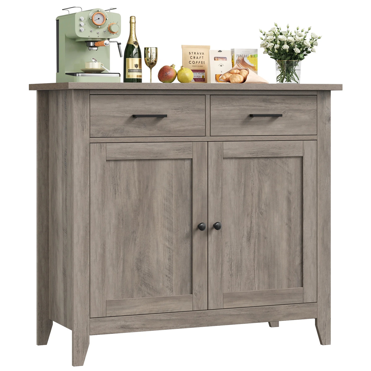 Homfa Entryway Cabinet, Kitchen Storage Cabinet, Farmhouse Buffet Sideboard with 2 Drawers and 2 Doors,Coffee Bar with Storage for Dining Room Living Room,White