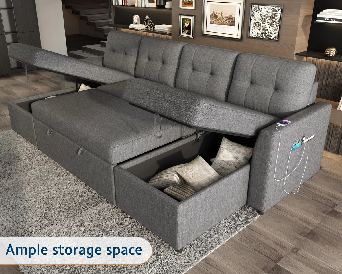 VANACC Sectional Sofa Bed with Storage and Soft Seat ,Reversible Pull Out Couch for Living Room,Beige