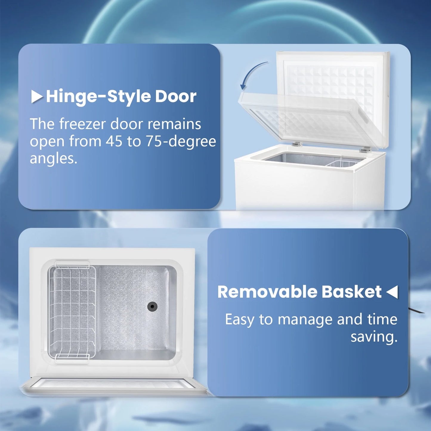KNDKO 2.8cu.ft Chest Freezer, Freestanding Top Open Door Compact Freezer with Removable Basket, Adjustable 7 Thermostat and Bottom Defrost Water Drain for Apartment/Home, White