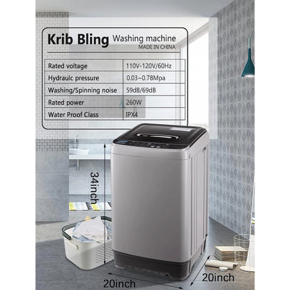 Full-Automatic Washing Machine, Portable Laundry Washer, Compact 17.7 lbs, LED Display, Drain Pump, 10 Wash Programs 8 Water Levels