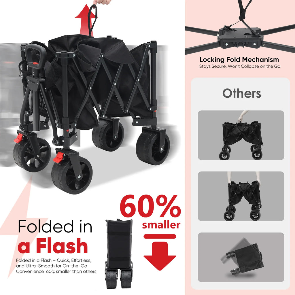 Sekey 330LBS Collapsible Wagon Cart, 220L Large Capacity Foldable Wagon, Heavy Duty Folding Utility Garden Cart with All-Terrain Wheels for Camp, Beach, Sport, Shop, Grocery (Black, 1-YEAR-WARRANTY)