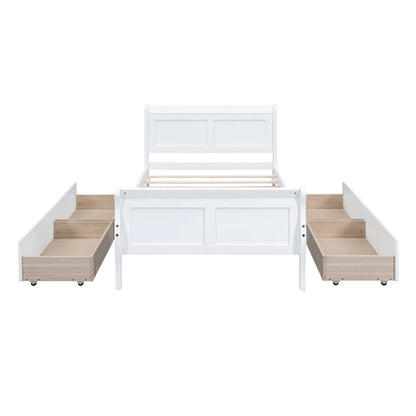 Full Size Wood Platform Bed with 4 Drawers,Storage Bed Frame with Streamlined Headboard and Footboard for Kids, Teens, Boys, Girls,Wooden Slats Support, No Box Spring Needed,Oak